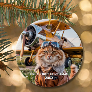 Cat Pilot Airplane Funny Aviation Photo Christmas Ceramic Ornament