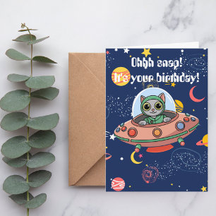 Cat Pilot & UFO, Cool Outer Space,Funny Birthday Card