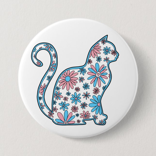 Cat pink blue white flowers transgender pride 3 inch round button (Front)