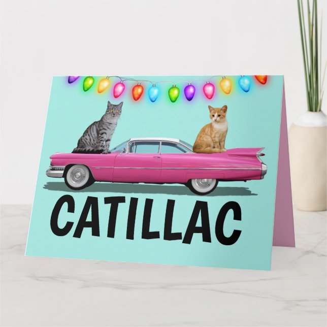 CAT PINK CADDY CLASSIC CAR CHRISTMAS CARDS (Front)