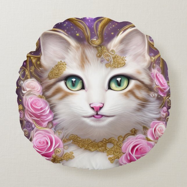 Cat Pink Gold Roses Painting Round Pillow (Front)