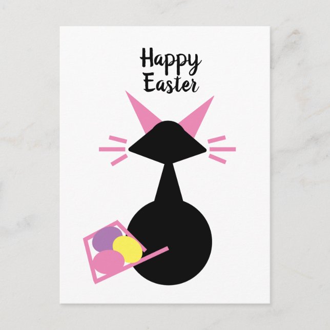 Cat Pink Kitty Retro Whimsical Graphi Happy Easter Holiday Postcard (Front)