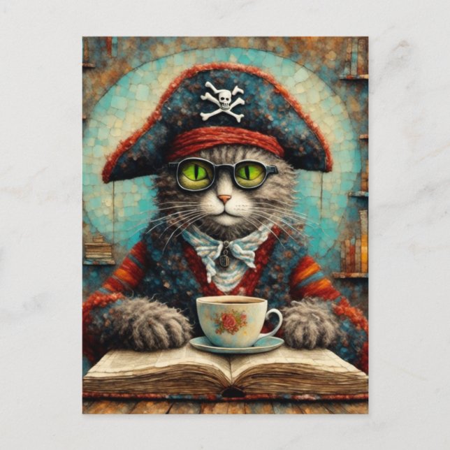 Cat pirate drinking coffee and reading postcard (Front)