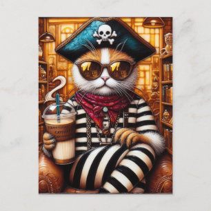 Cat pirate drinking icedcoffee encaustic art style postcard