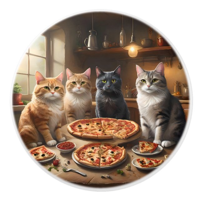 Cat Pizza Night, Ceramic Knob (Front)