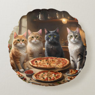 Cat Pizza Night, Round Pillow