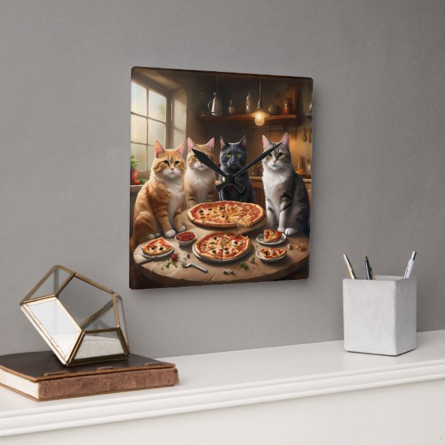 Cat Pizza Night, Square Wall Clock (Office)