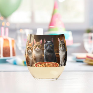 Cat Pizza Night, Stemless Wine Glass
