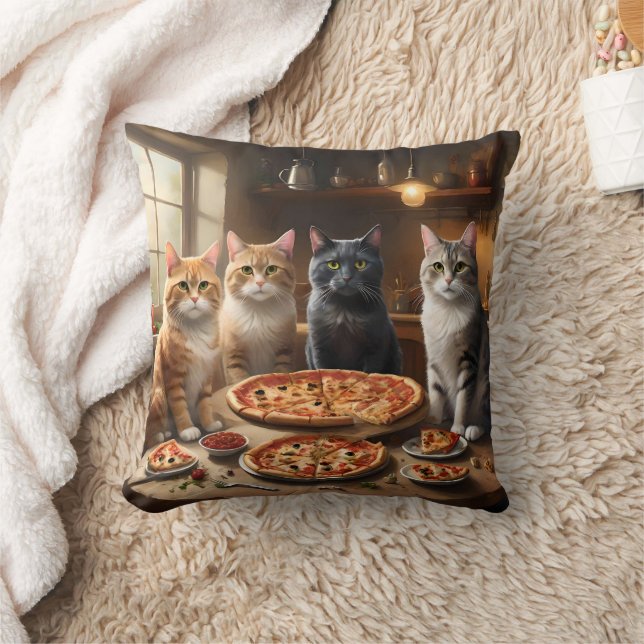 Cat Pizza Night, Throw Pillow (Blanket)