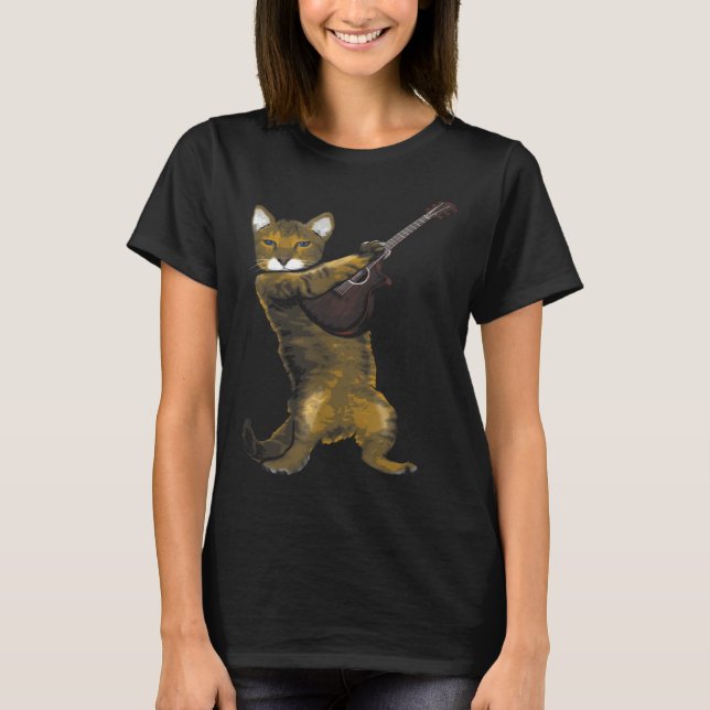 Cat Playing Acoustic Guitar Musician T-Shirt (Front)