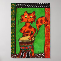 Cat Playing African Djembe Drum Mini Folk Art