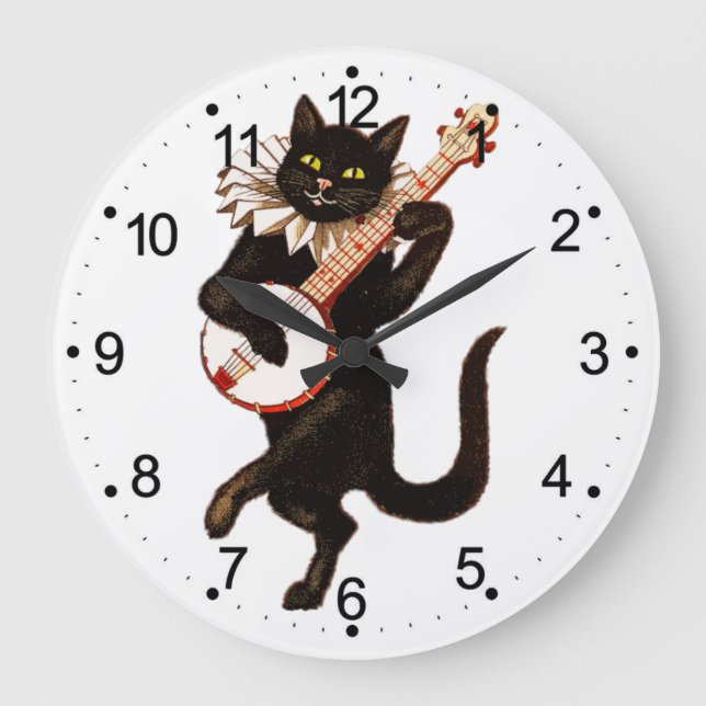 Cat playing Banjo Large Clock (Front)
