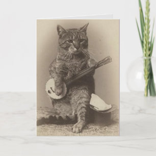 CAT PLAYING BANJO VINTAGE BIRTHDAY CARD