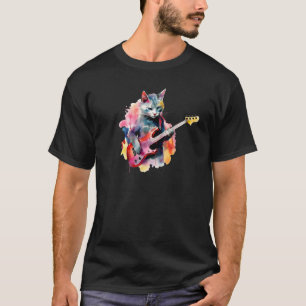 Cat Playing Bass Guitar Watercolor Graphic Design T-Shirt