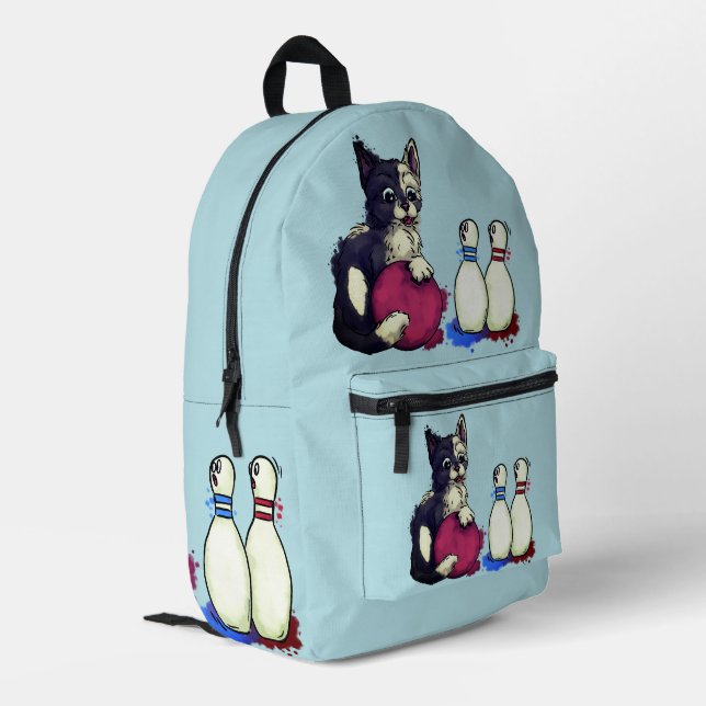 Cat playing bowling printed backpack (Back Corner Left)