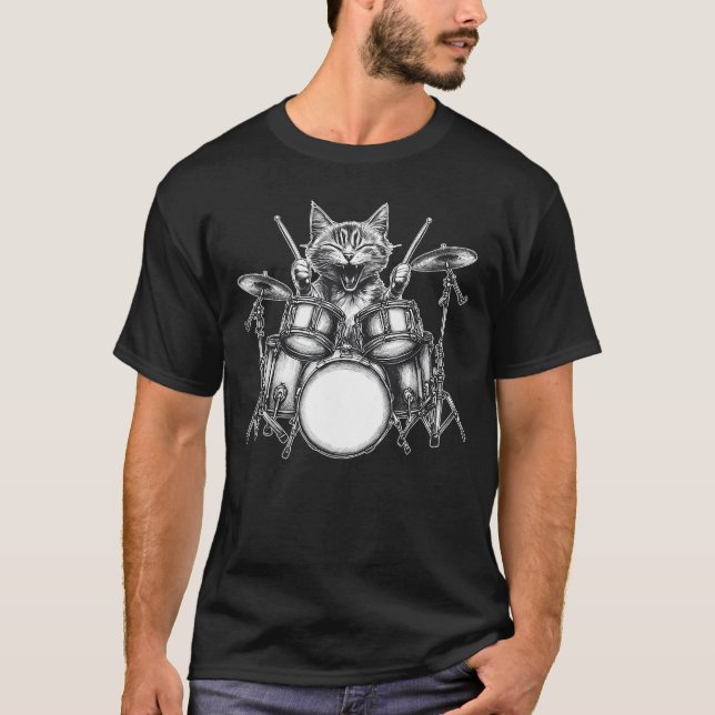 Cat Playing Drum Percussionist Drummer Rock Roll M T-Shirt (Front)