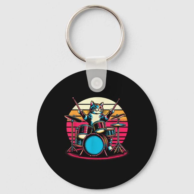 Cat Playing Drums Drummer Novelty Music Lover Funn Keychain (Front)