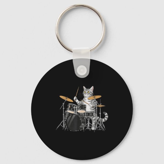 Cat Playing Drums Drumset Drumkit Drumming Drum Dr Keychain (Front)