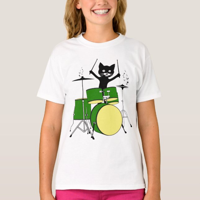 Cat Playing Drums, Funny Cat Playing Drums T-Shirt (Front)