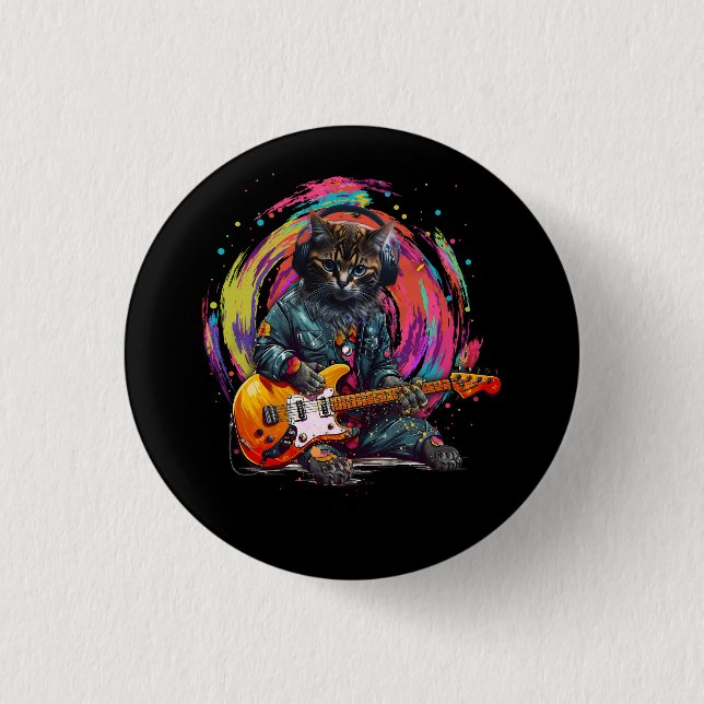 Cat Playing Electric Guitar Rock Heavy Metal Music 1 Inch Round Button (Front)