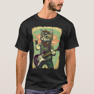 Cat Playing Electric Guitar Vintage Retro Cat Grap T-Shirt