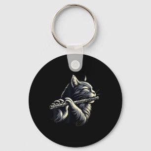 Cat Playing Flute Musician Cats Lover Keychain