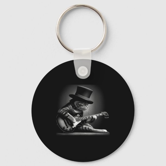 Cat Playing Guitar - Funny Rock Music Guitar Cat F Keychain (Front)