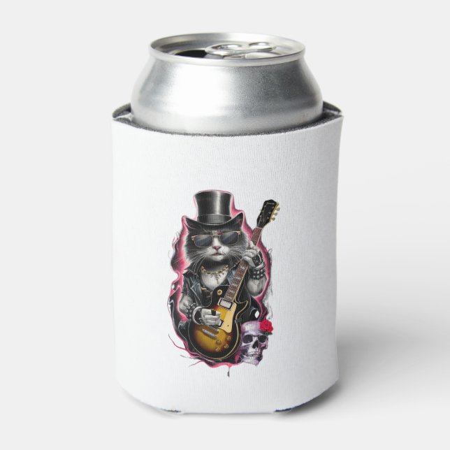 Cat Playing Guitar Rock & Roll 80s 90s Rock Band C Can Cooler (Can Front)