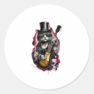 Cat Playing Guitar Rock & Roll 80s 90s Rock Band C Classic Round Sticker