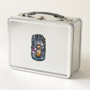Cat Playing Guitar Rock & Roll 80s 90s Rock Band C Metal Lunch Box