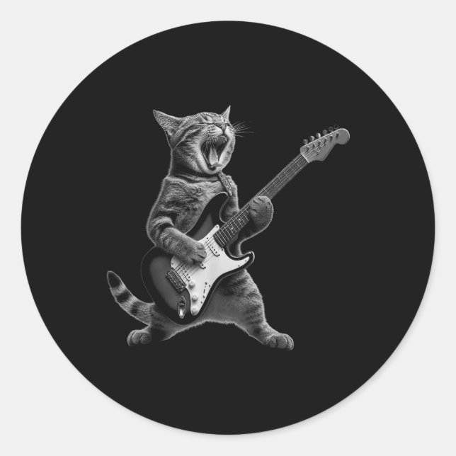 Cat Playing Guitar Rock Star Rock And Roll For Men Classic Round Sticker (Front)