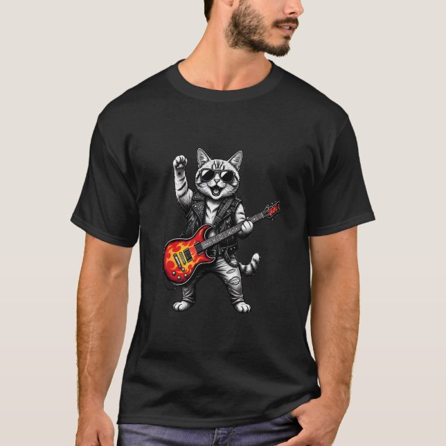 Cat Playing Guitar Rock Star Rock and Roll men T-Shirt (Front)