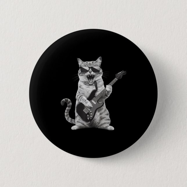 Cat Playing Guitar Rock Star Rock And Roll Men Wom 2 Inch Round Button (Front)