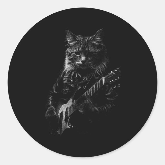 Cat Playing Guitar Rock Star Rock And Roll Men Wom Classic Round Sticker (Front)