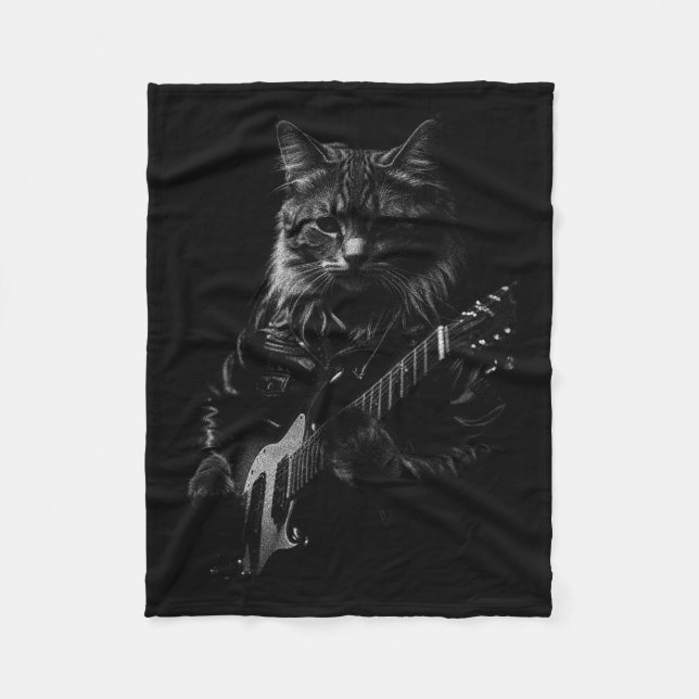 Cat Playing Guitar Rock Star Rock And Roll Men Wom Fleece Blanket (Front)