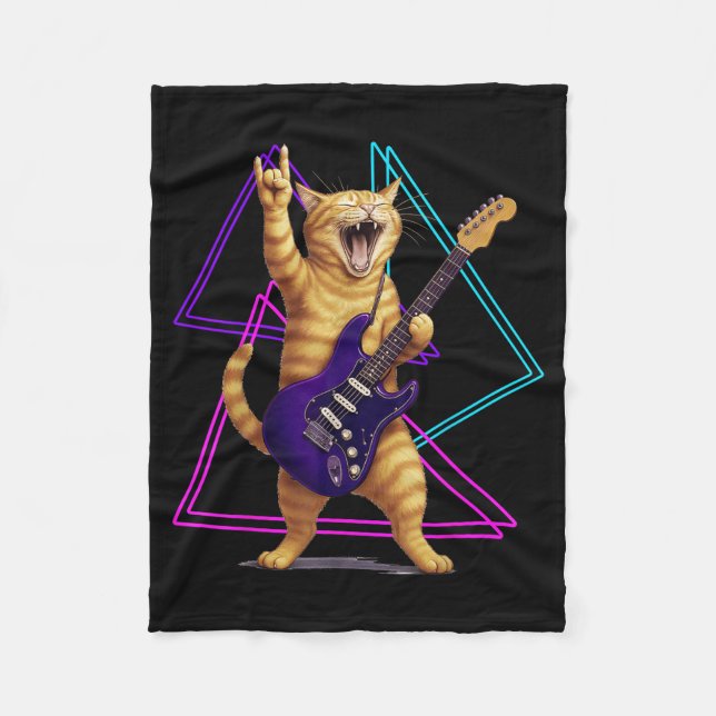 Cat Playing Guitar Rock Star Rock And Roll Men Wom Fleece Blanket (Front)