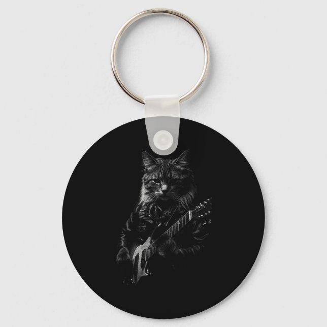 Cat Playing Guitar Rock Star Rock And Roll Men Wom Keychain (Front)