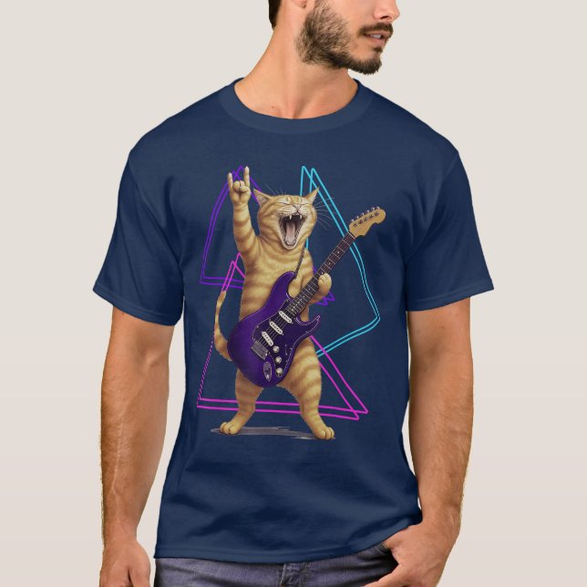 Cat Playing Guitar Rock Star Rock and Roll Men Wom T-Shirt (Front)