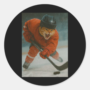 Cat Playing Hockey Classic Round Sticker