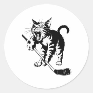 Cat Playing Ice Hockey _1 Classic Round Sticker