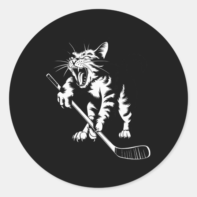 Cat Playing Ice Hockey  Classic Round Sticker (Front)