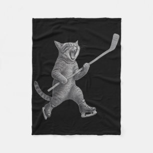 Cat Playing Ice Hockey Stick Funny Skating Cat Fleece Blanket