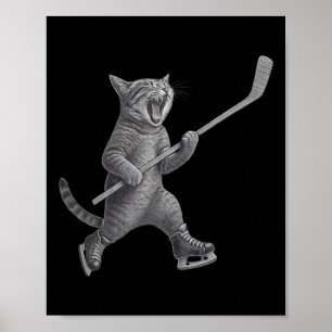 Cat Playing Ice Hockey Stick Funny Skating Cat Poster