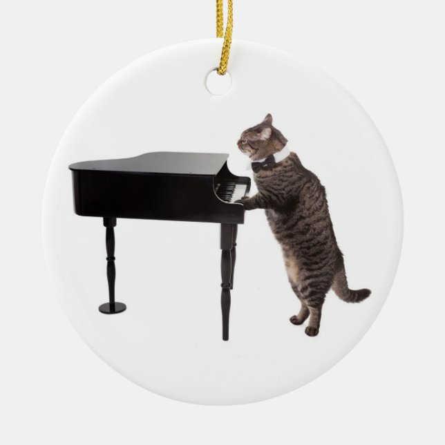 Cat Playing Piano Ceramic Ornament (Front)