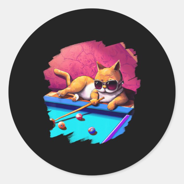 Cat Playing Pool Billiards In Lounge Cool Funny Ca Classic Round Sticker (Front)