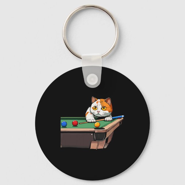 Cat Playing Pool Billiards In Lounge Cool Funny Ca Keychain (Front)