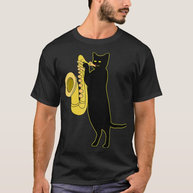 Cat Playing Saxophone   Cool Wind Instrument Sax T-Shirt (Front)