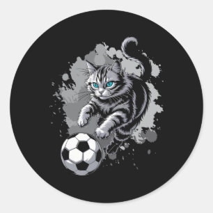 Cat Playing Soccer Classic Round Sticker