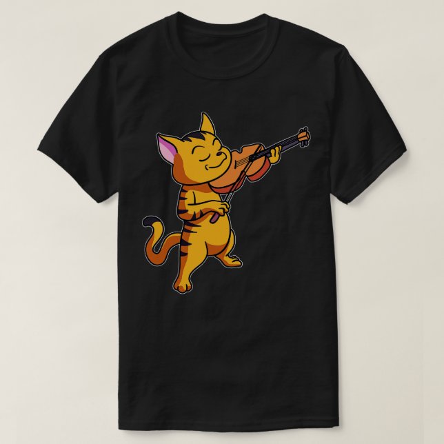 Cat Playing String Violin Funny Violinist Kitty Mu T-Shirt (Design Front)