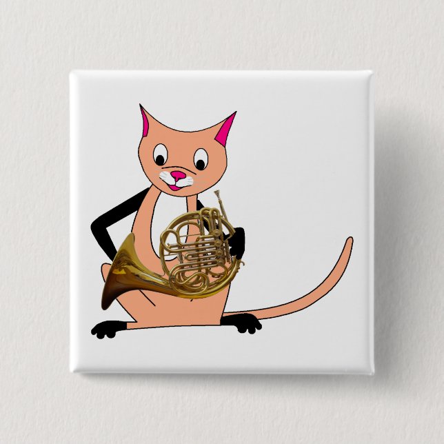 Cat Playing the French Horn 2 Inch Square Button (Front)